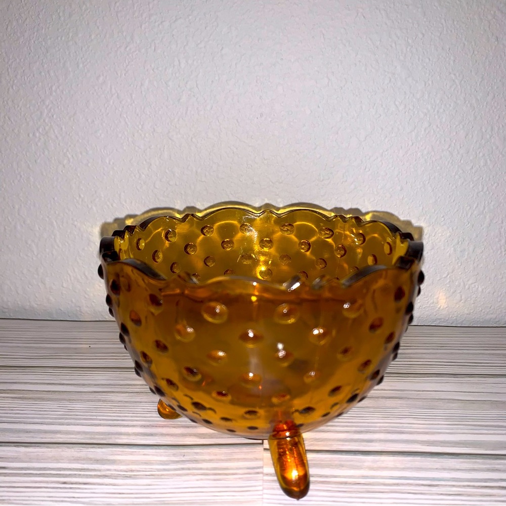 Hobnail 3 Footed  Brown Candy Or Nut Dish